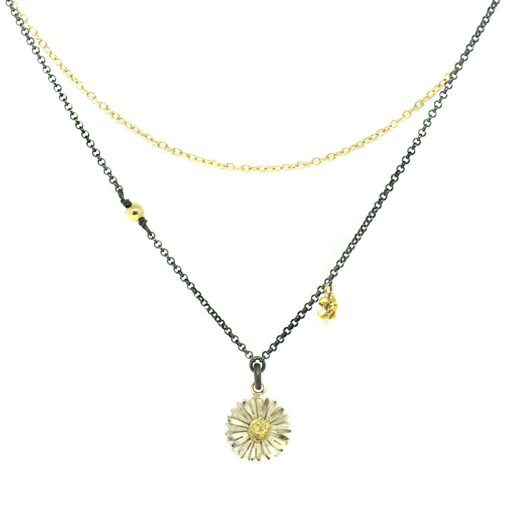 Halskette mit Gänseblümchen und Goldblume aus Silber und Gold