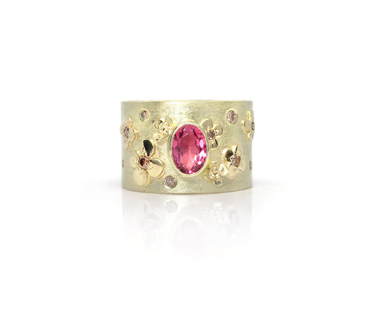 Gouden ring met bloemen toermalijn en diamant
