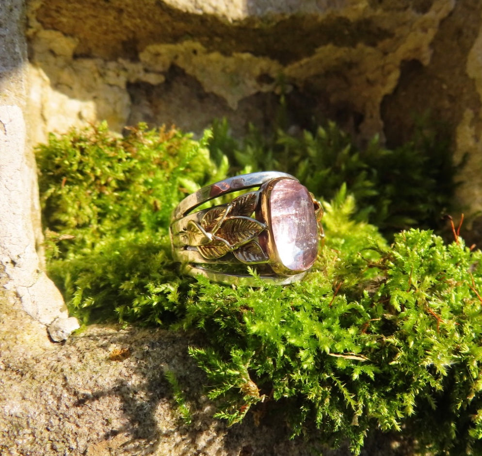 Gold with silver ring leaves and tourmaline pink