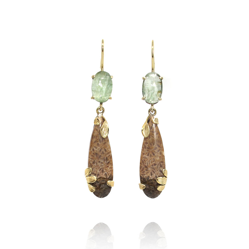 Silver gold earrings with fossilized coral