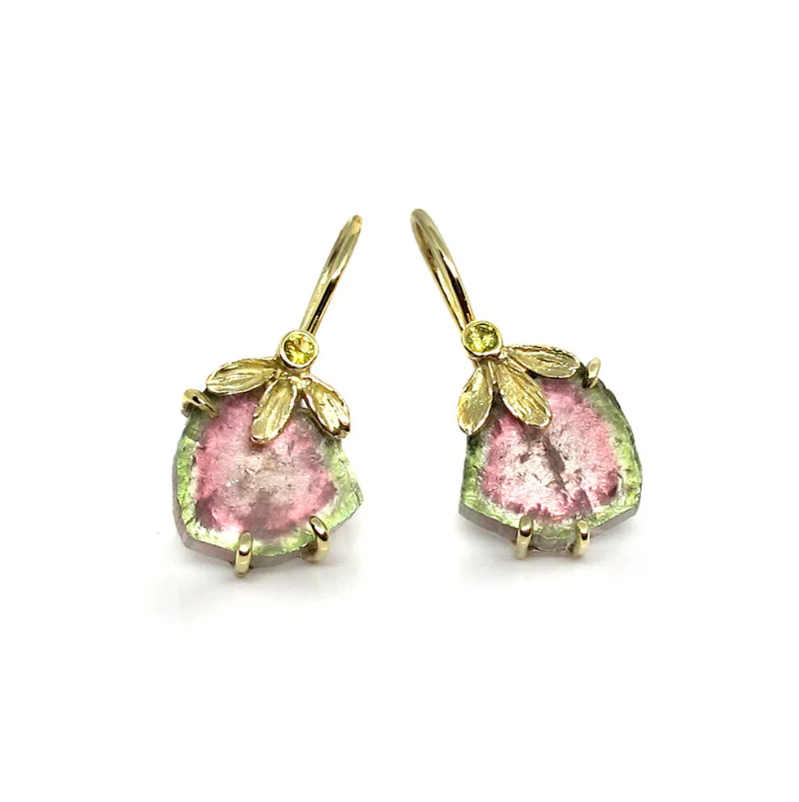 Gold earrings with watermelon tourmaline SOLD