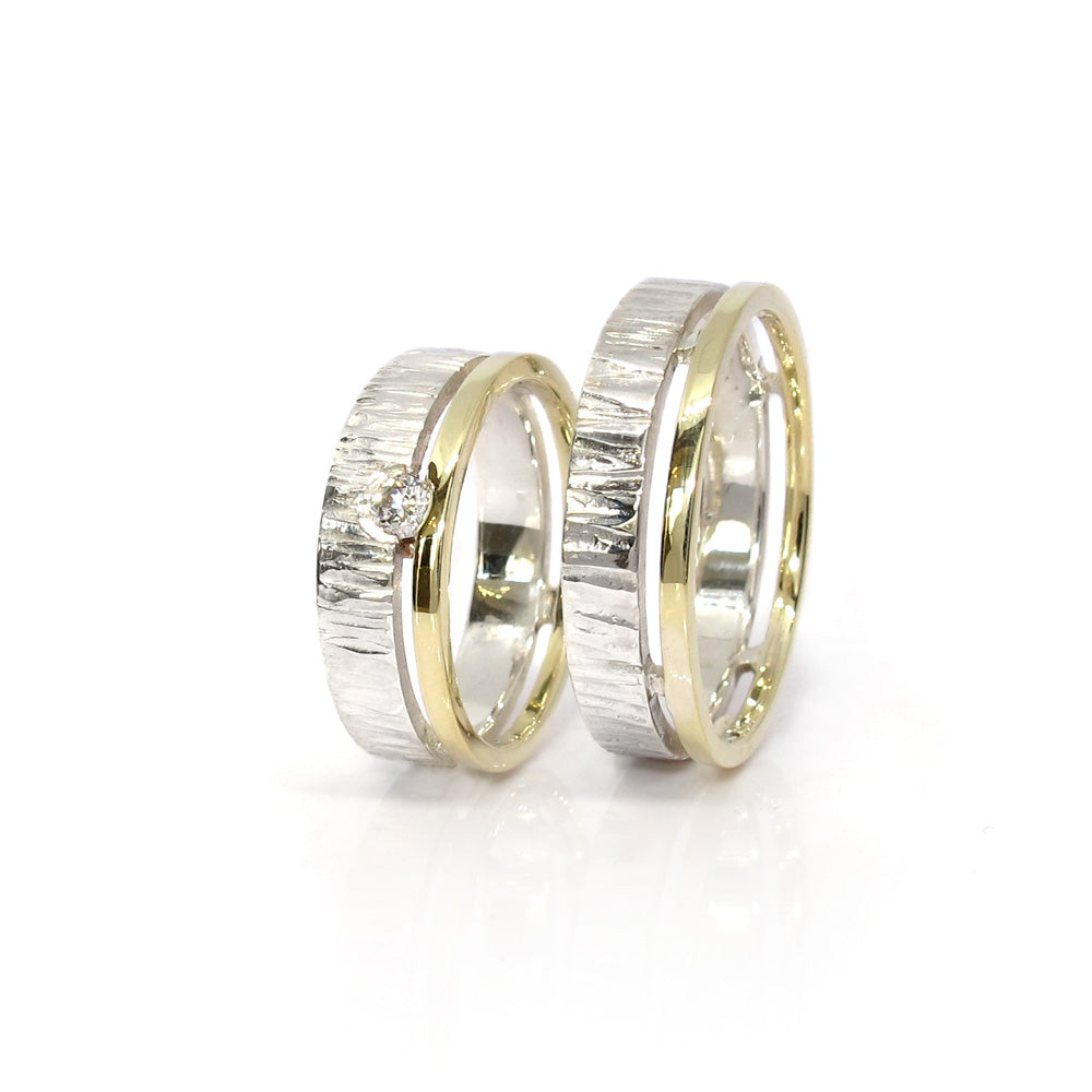 Trouwringen goud met zilver en diamant
