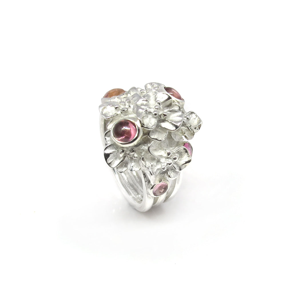 Silberner Blumenring mit rosa Turmalin