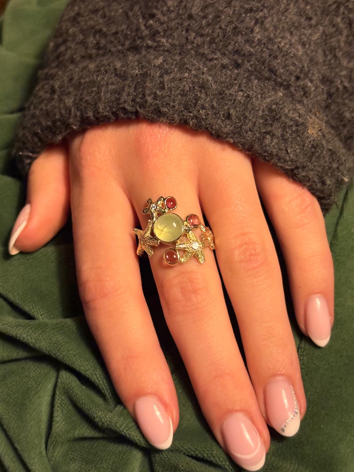 Stunning gold starfish ring with diamond and pink and green tourmaline