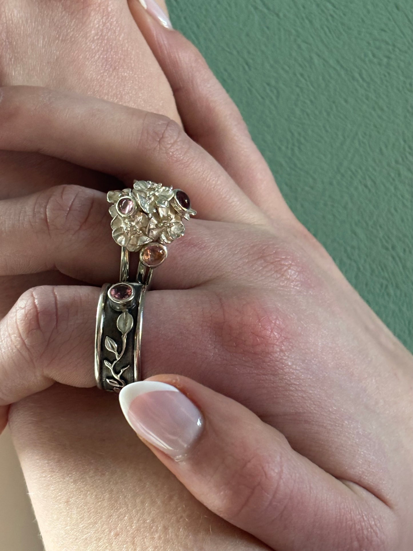 Silver flower ring with pink tourmaline