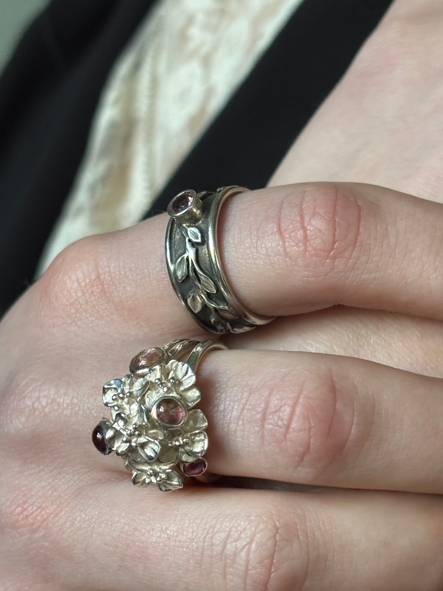 Silver flower ring with pink tourmaline