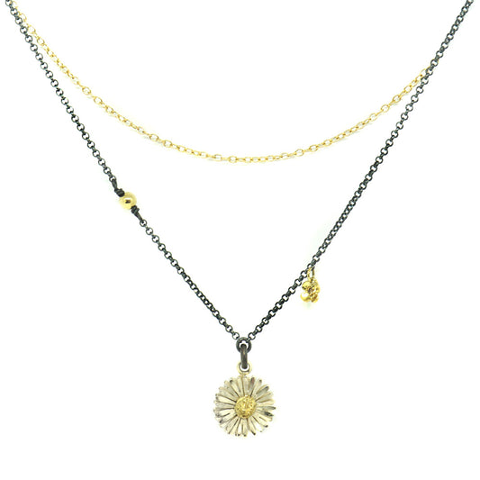 Halskette mit Gänseblümchen und Goldblume aus Silber und Gold