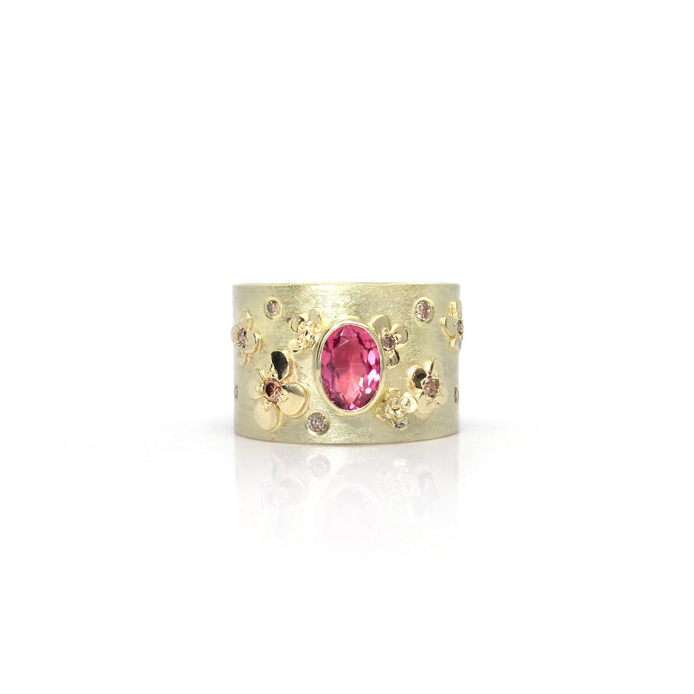 Gold ring with flowers tourmaline and diamond
