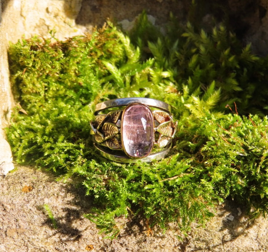 Gold with silver ring leaves and tourmaline pink