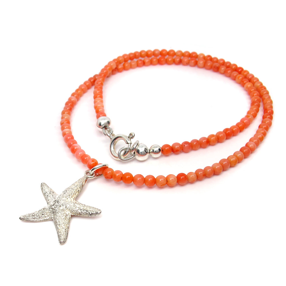 Coral necklace with silver starfish