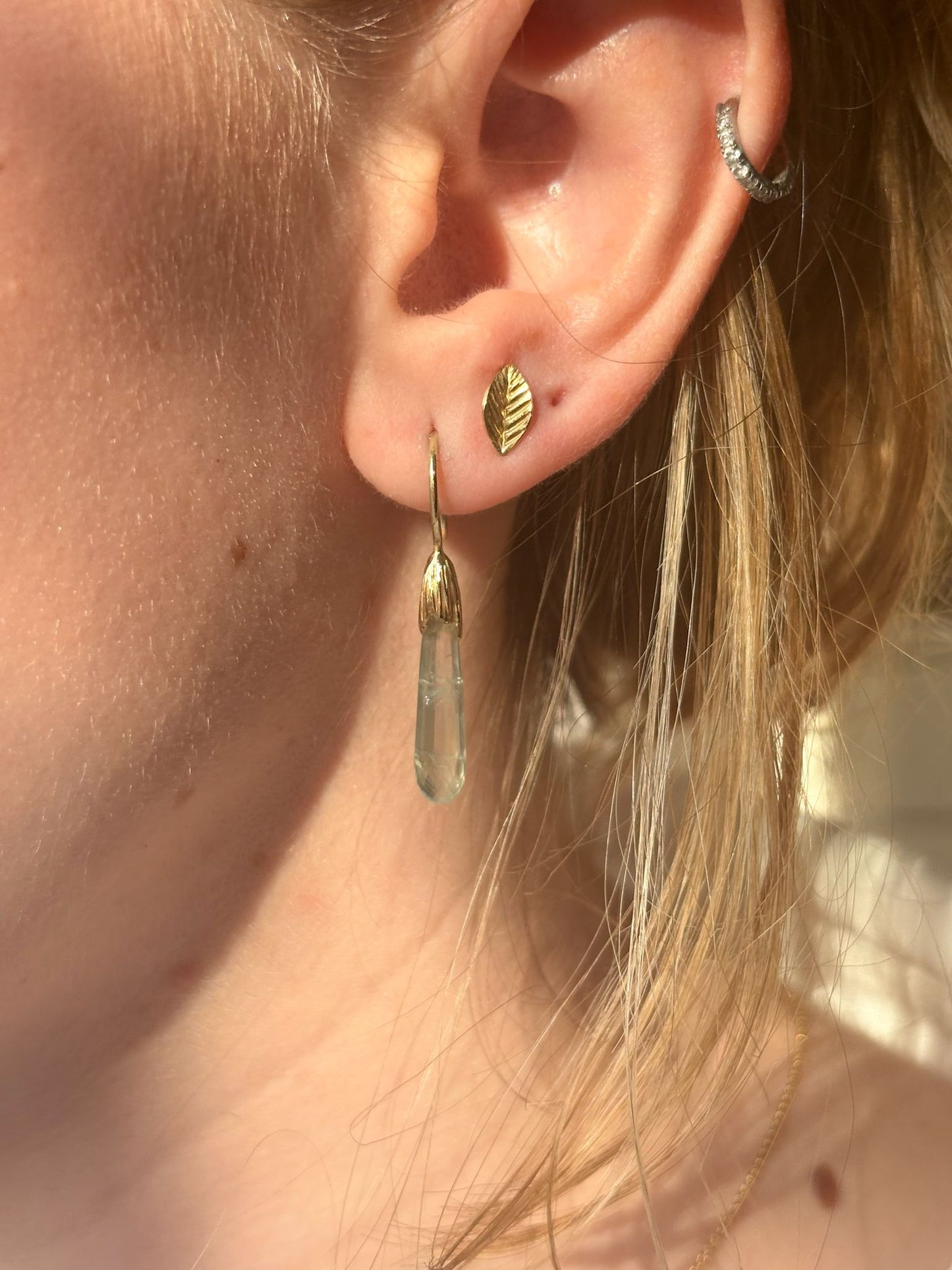 Gold earrings with prehnite