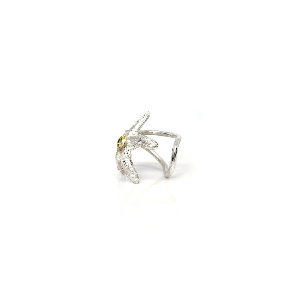 Silver ear clip with gold and aquamarine