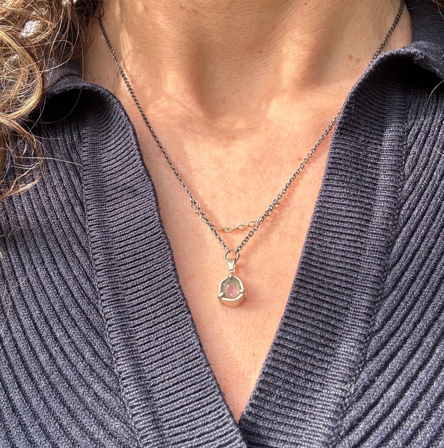 Halskette Silber mit Anhänger aus Wassermelonenturmalin
