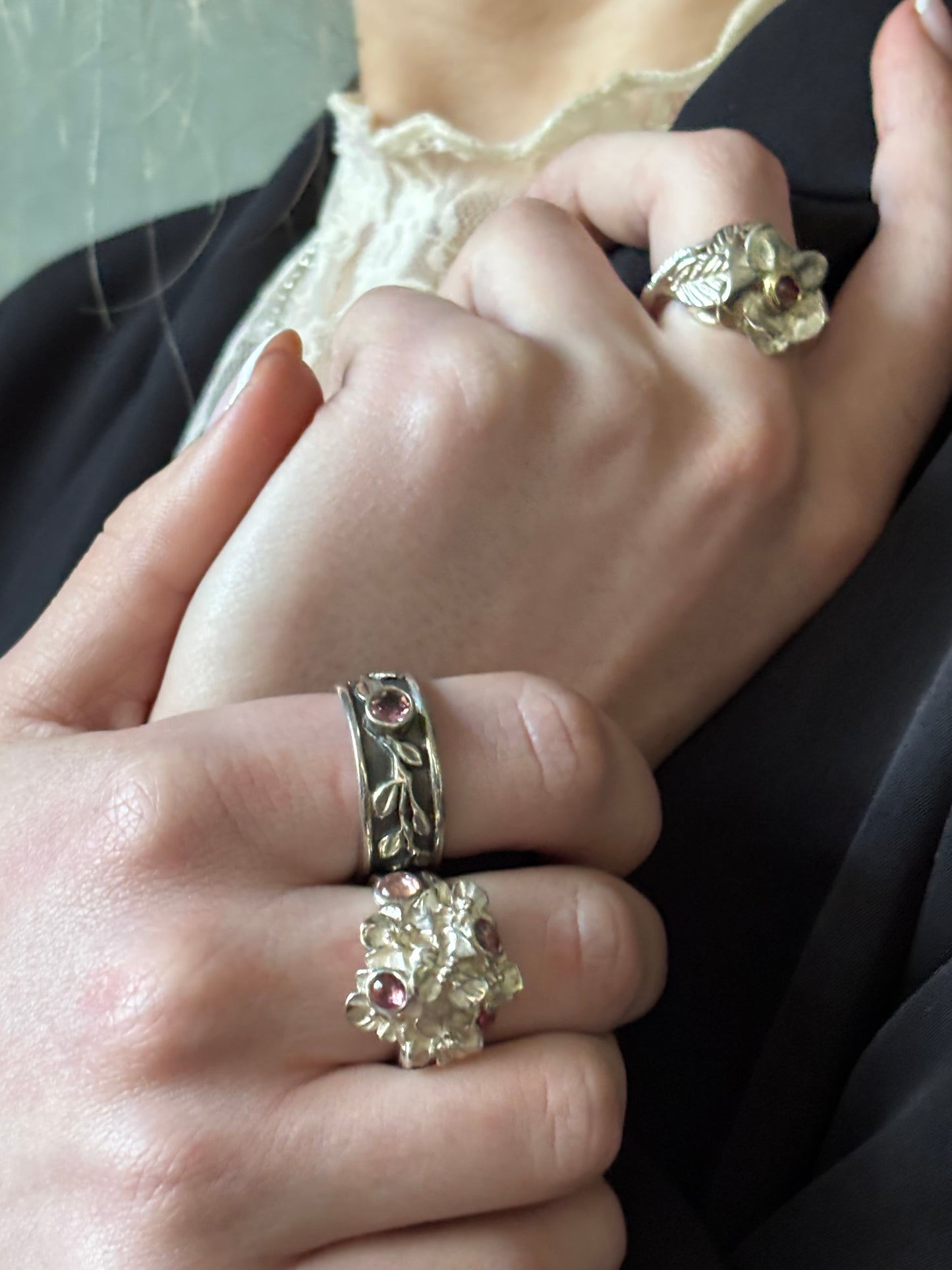 Wide silver ring with leaves and pink tourmaline